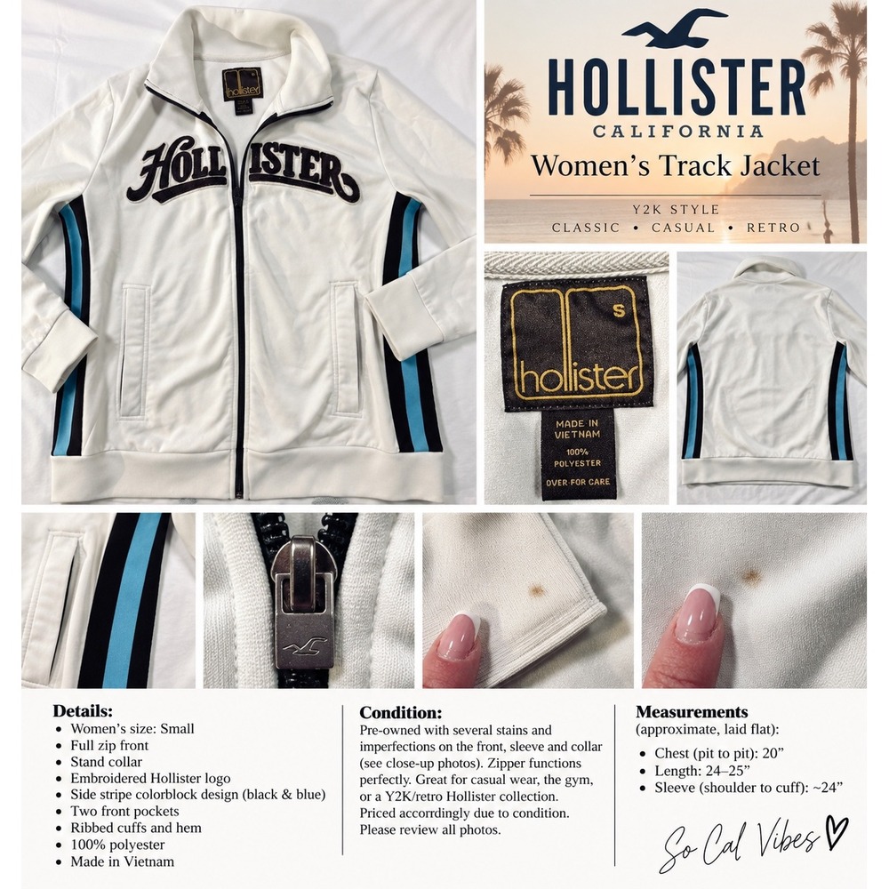 Hollister Womens Track Jacket White Blue Black Side Stripe Y2K Retro Small